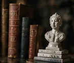 Leather-bound books and a small marble bust.