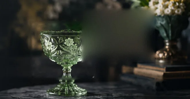 A green pressed-glass compote with a floral pattern on a dark marble table, flowers and books behind it.