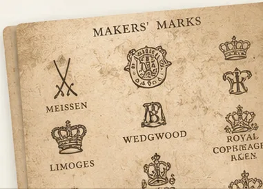 A page of engraved makers’ marks: Meissen, Wedgwood, Limoges and Royal Copenhagen.