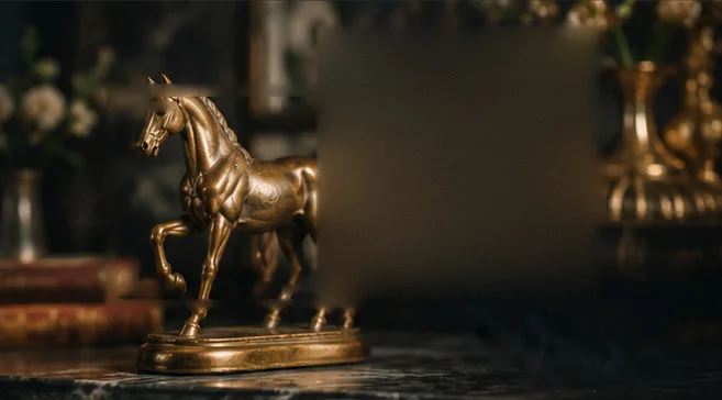 A bronze sculpture of a trotting horse on a marble ledge, brass vases and flowers behind it.