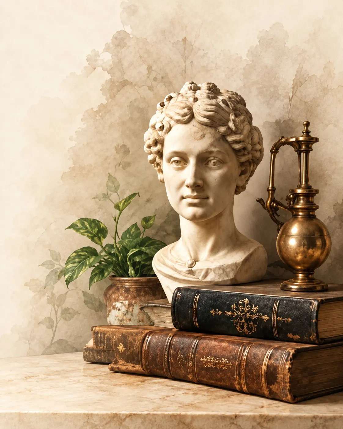 A still life of antiques on a marble ledge: a marble bust, a brass ewer, leather-bound books, a glazed pot and a trailing plant.